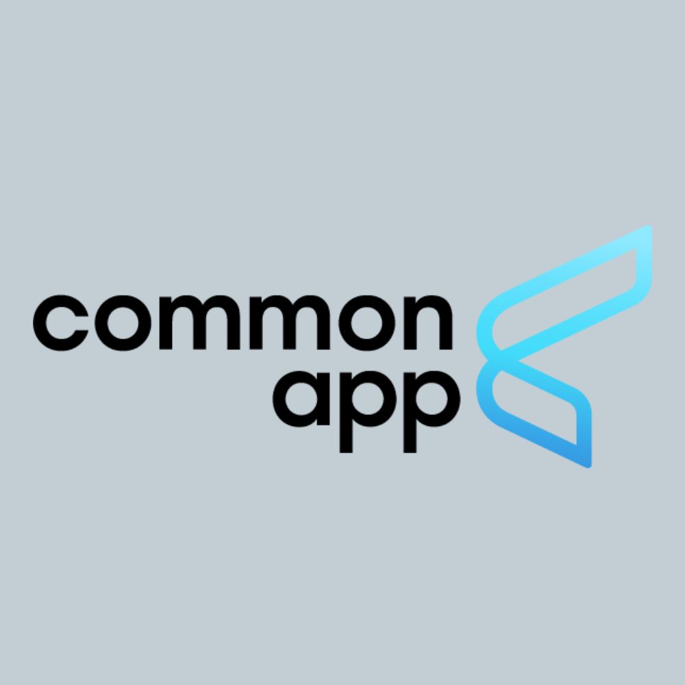 Gray square with "common app" in black in the center and a blue logo on the right