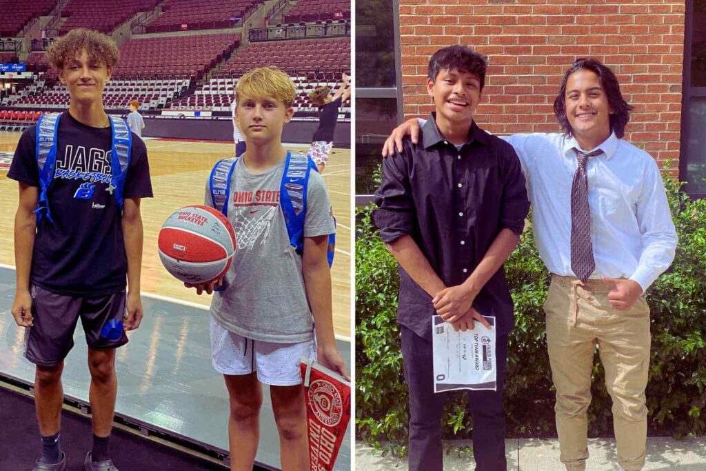 Two photos side by side. On the left are two boys facing the camera inside a gym. Boys are wearing tshirts and shorts and backpacks. On the right, two boys are standing outside in front of a brick building lined with green shrubs. Boys are dressed in long sleeve button down dress shirts and dress pants.