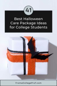 Pinterest pin with title in white font against a black rectangle: "41 Best Halloween Care Package Ideas for College Students." In black font inside a gray rectangle at the bottom: FromaCollegeProf.com. White package wrapped with orange yard and black thread in a plaid pattern with a 3D black bat is in the center of the pin.